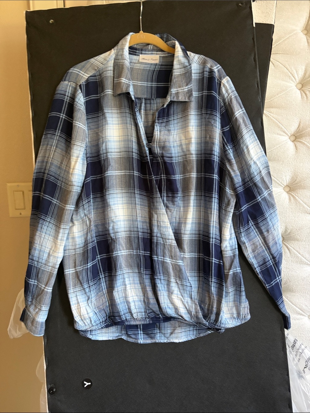 Plaid Wrap-Front Blouse - Blue